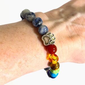 Pet Dog Memorial Bracelet Paw Print Heart Rainbow Bridge Round Stone Glass Beads